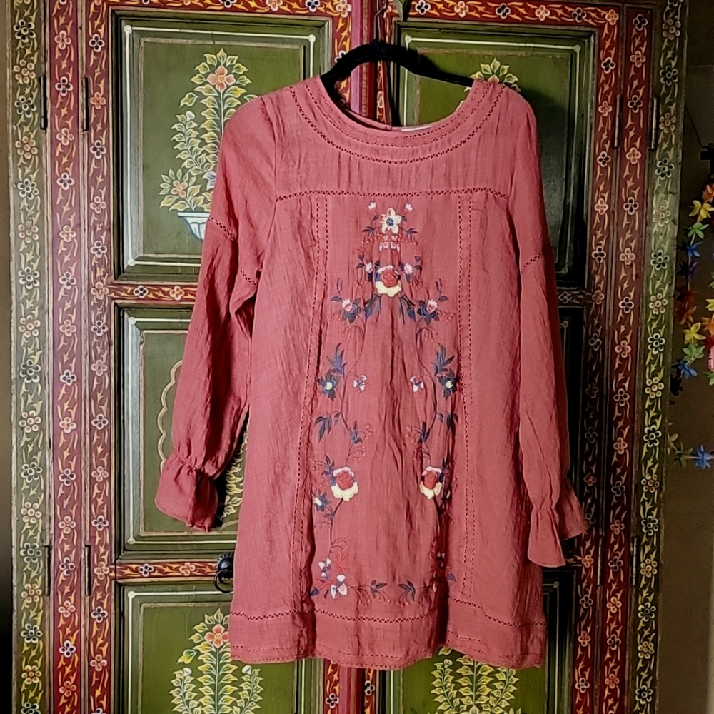 Umgee burnt orange embroidered long sleeve dress.